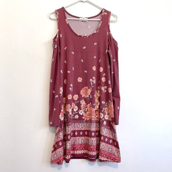 DEREK HEART Mauve Pink Floral Border Print Cold Shoulder Long Sleeve Shift Dress - Picture 2 of 15